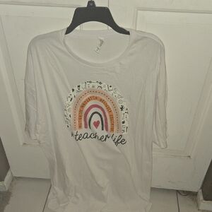White Graphic Tee with 'Teacher Life' Design